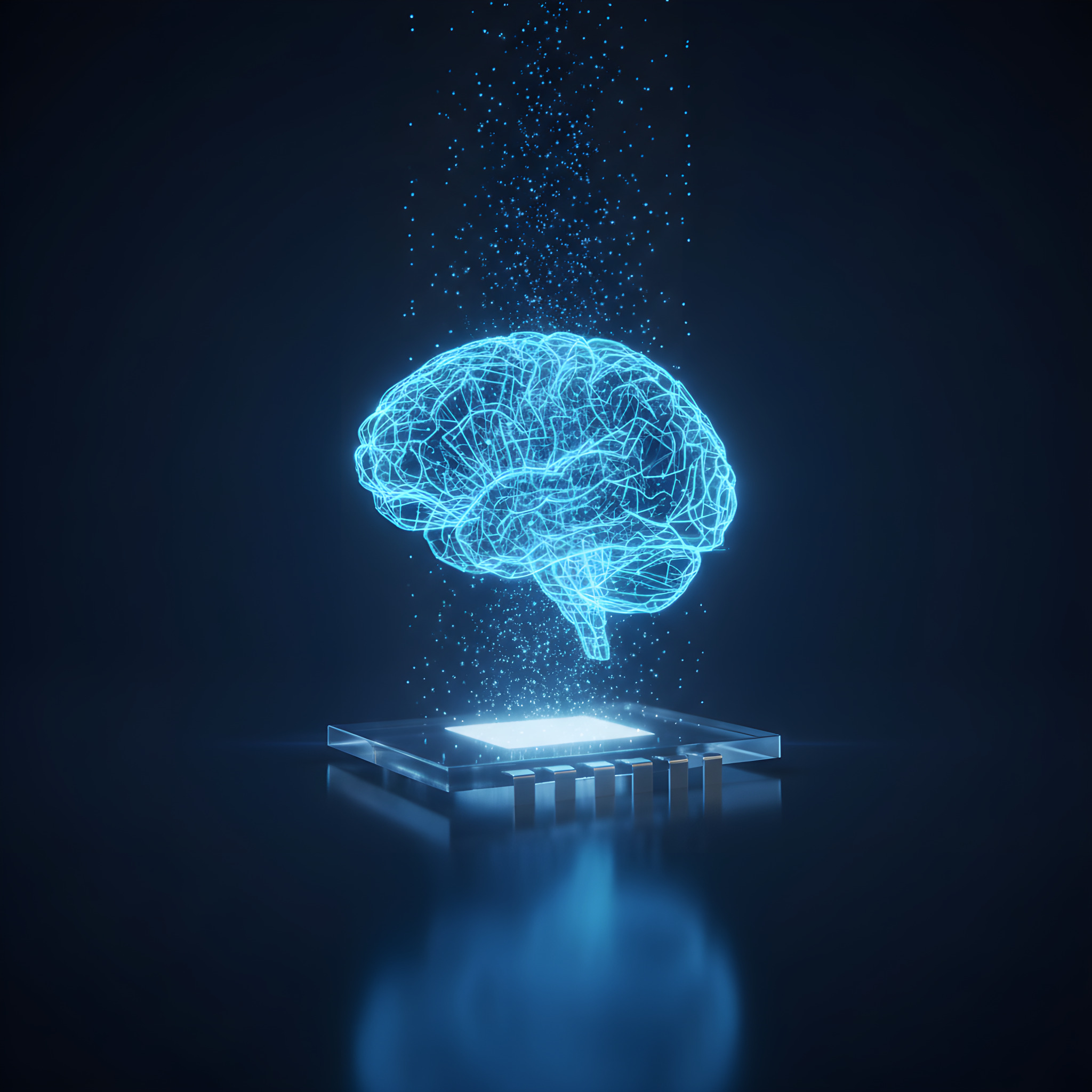 Holographic AI brain rising from a glowing glass microchip