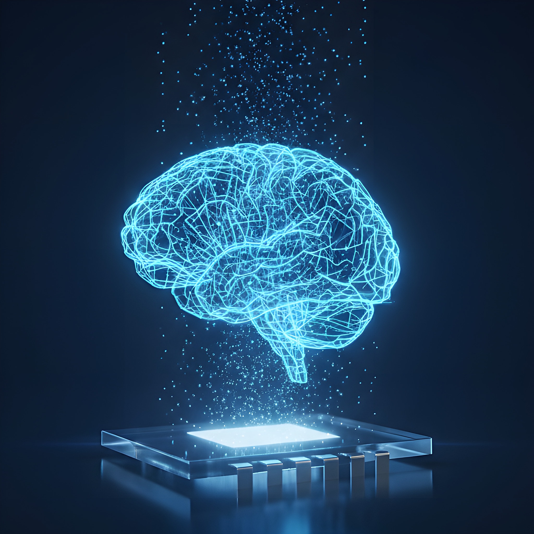 Holographic AI brain rising from a glowing glass microchip