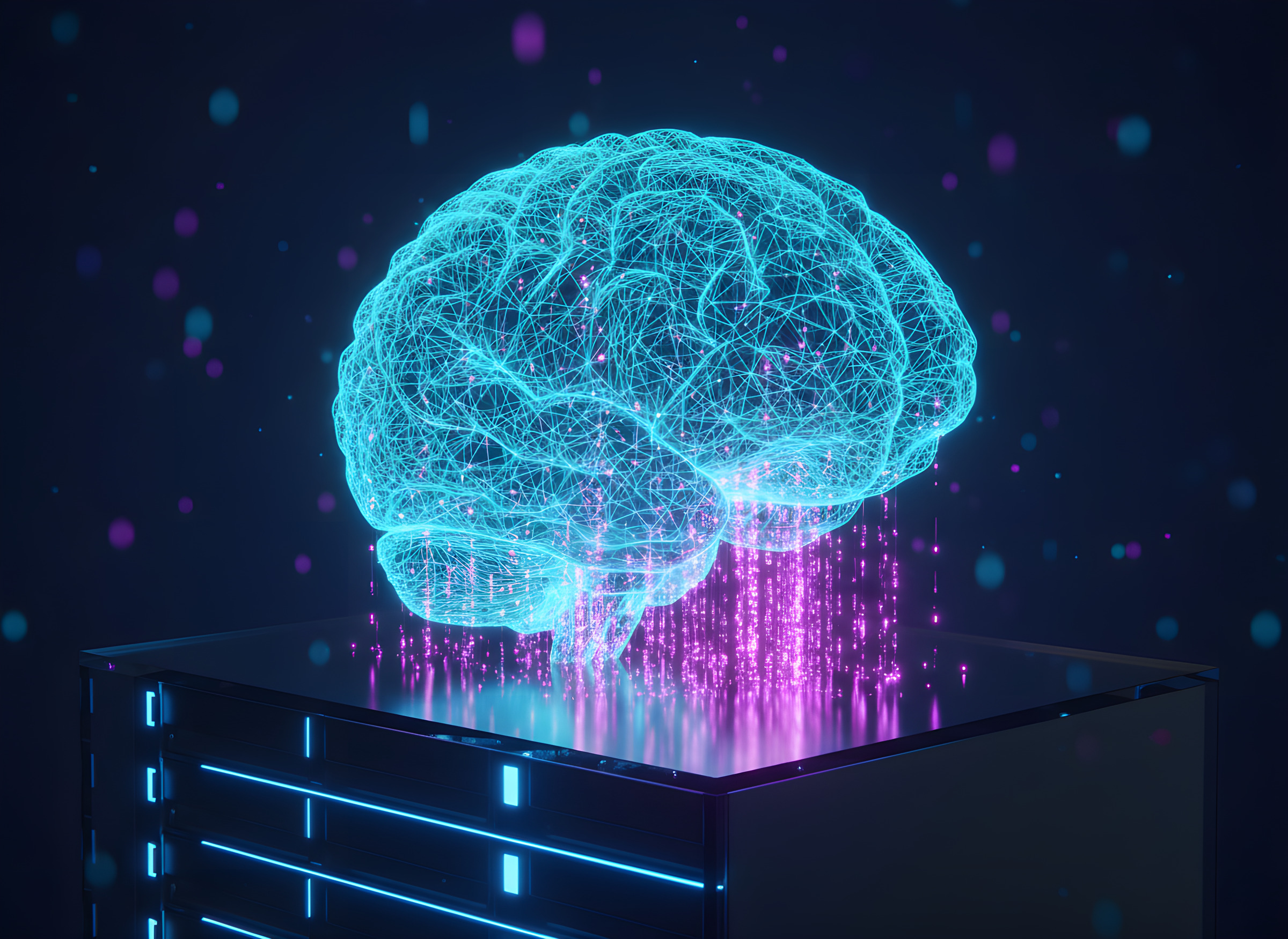 Glowing holographic AI brain feeding data streams into a glass server