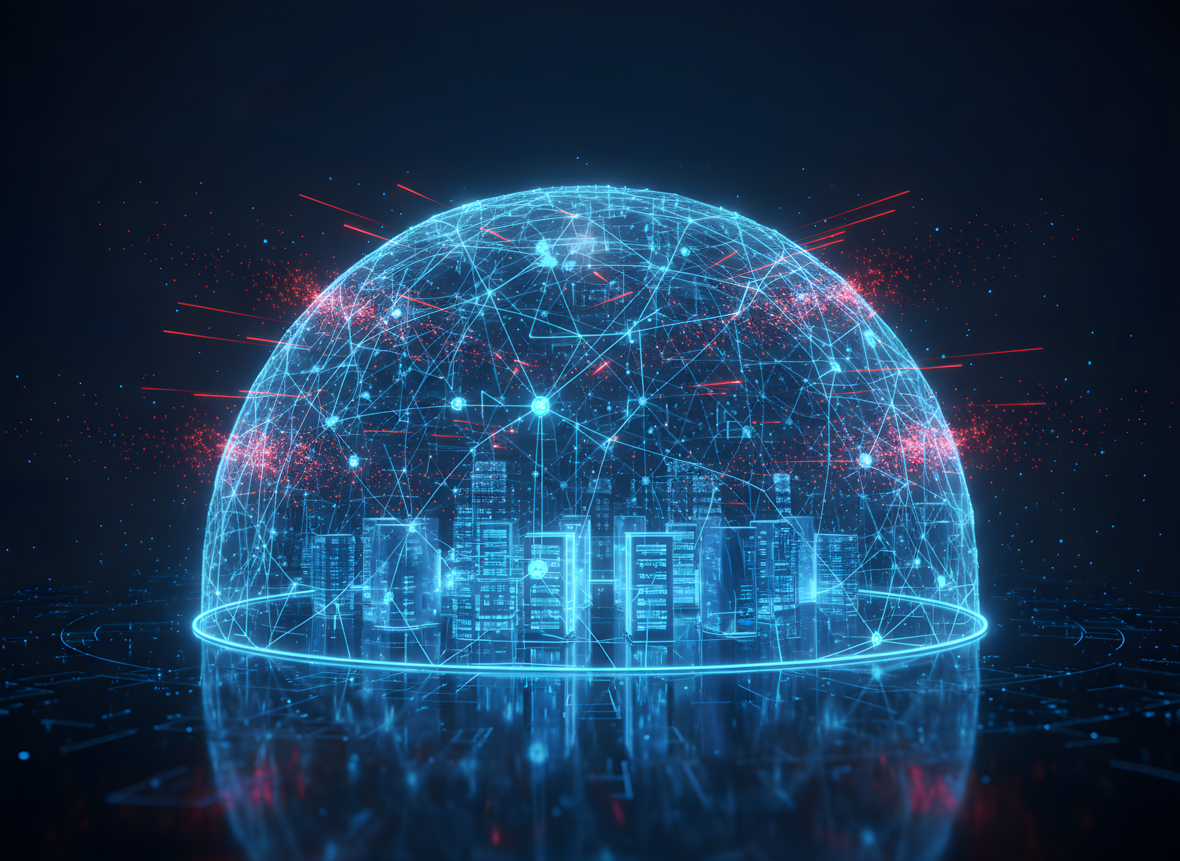 Holographic AI neural dome protecting a miniature server city from red cyber attacks