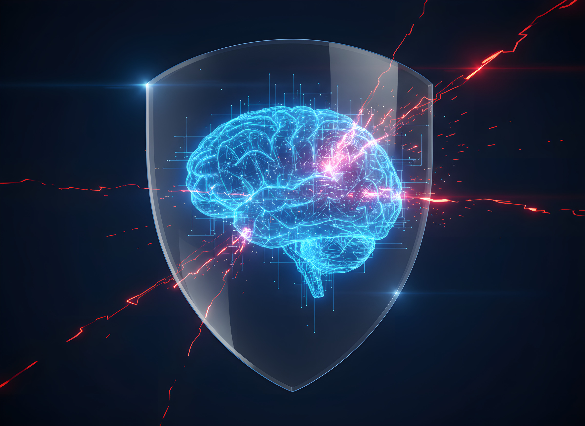 Glowing AI neural network brain inside a glass shield deflecting red cyber threats
