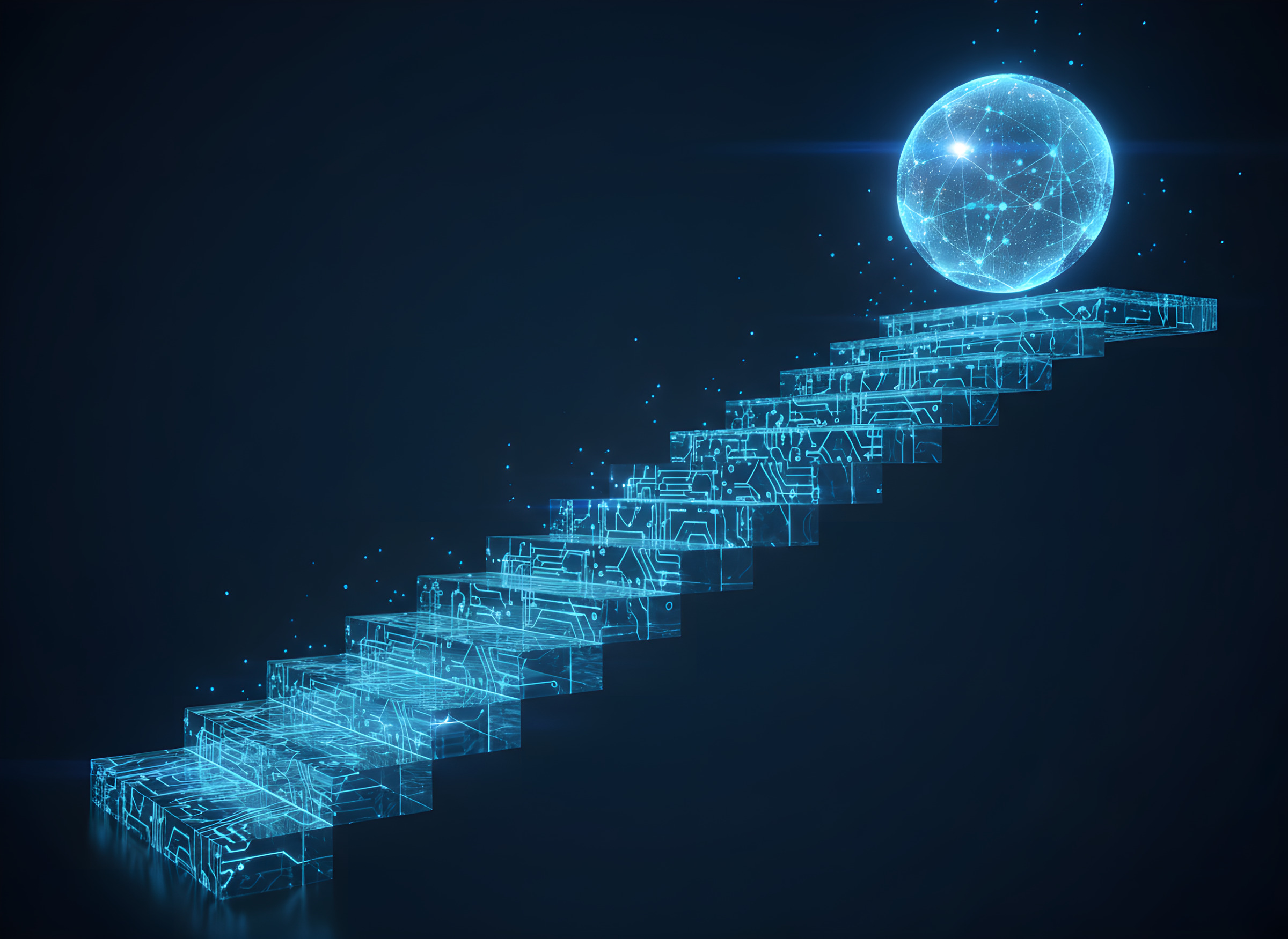 Glass staircase with glowing circuits rising to a holographic AI orb