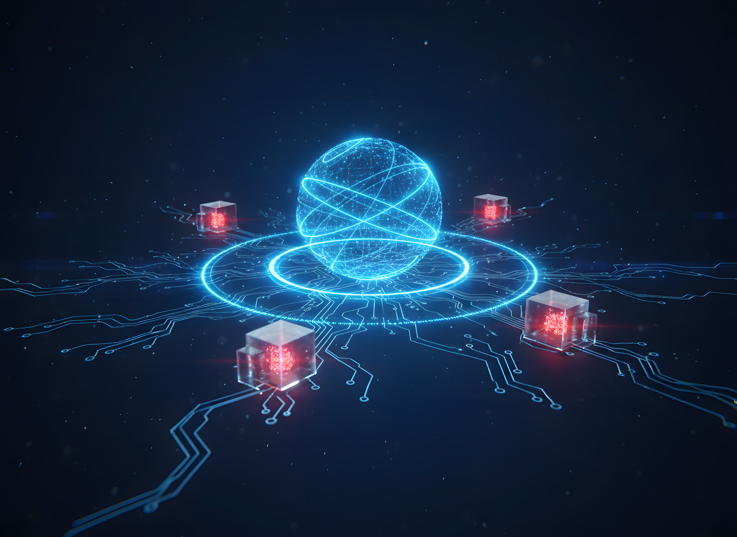 Glowing AI neural sphere scanning a network and isolating red threat nodes in glass cubes