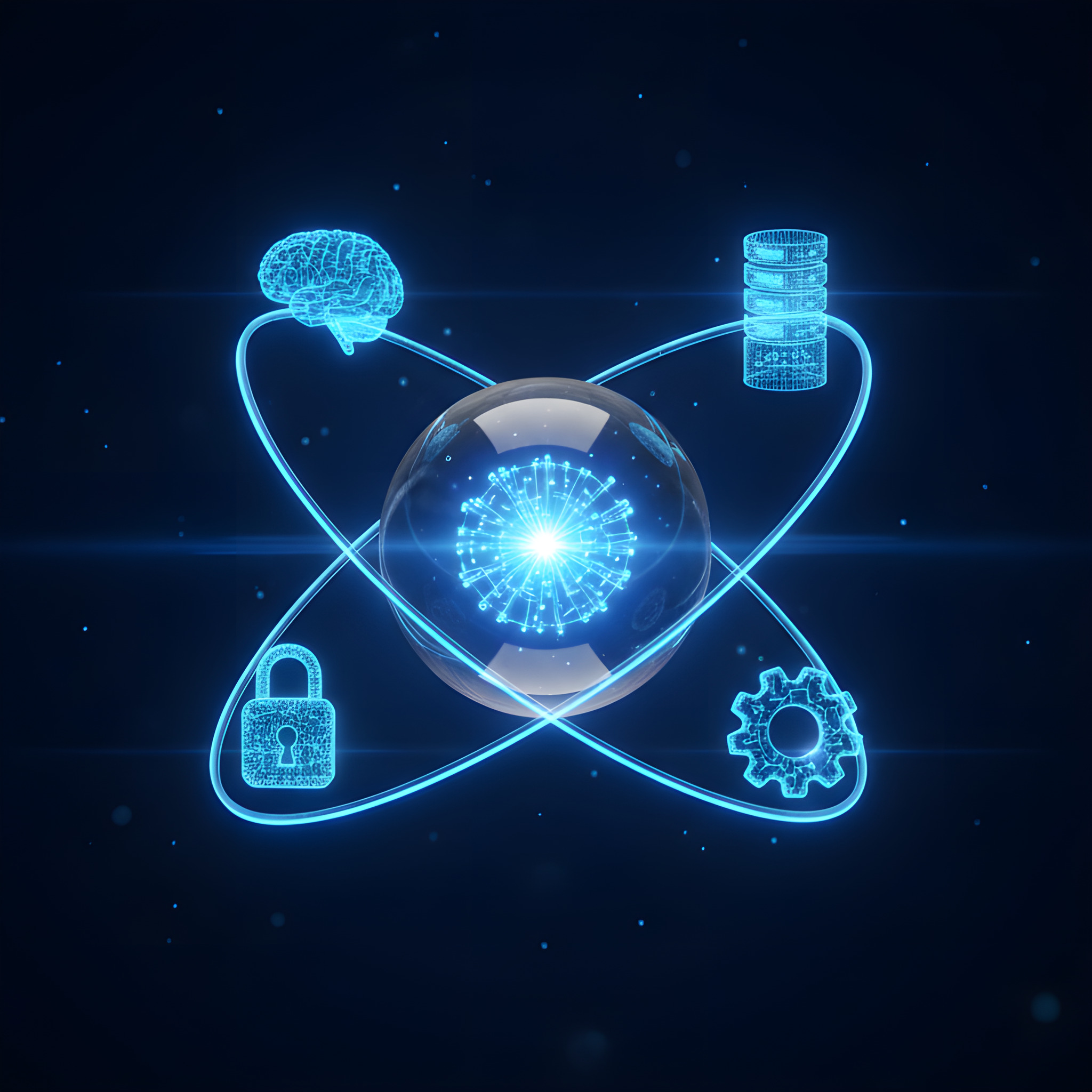 Glowing glass orb orbited by holographic brain, padlock, server and gear