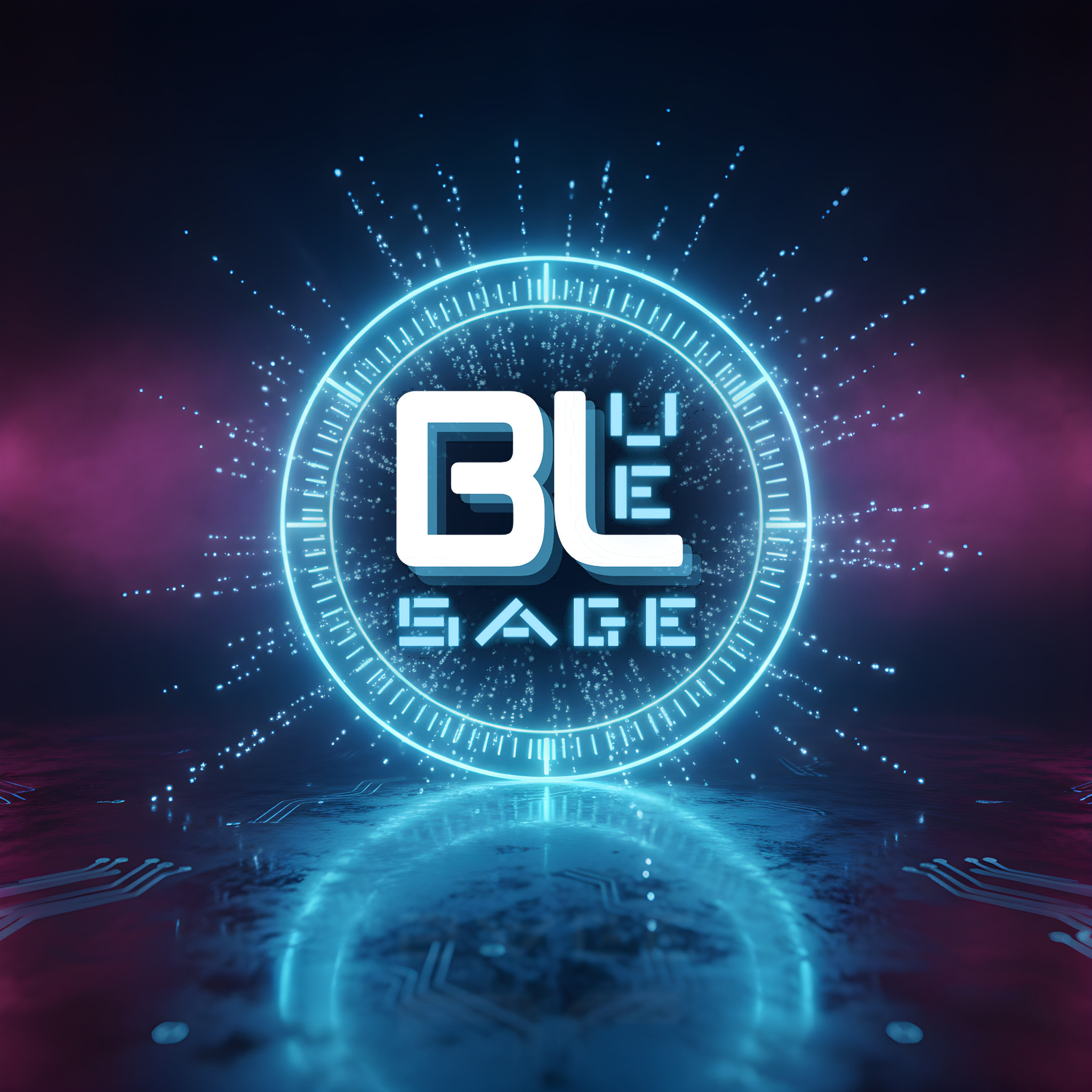 Bluesage logo inside a glowing circular portal ring of light