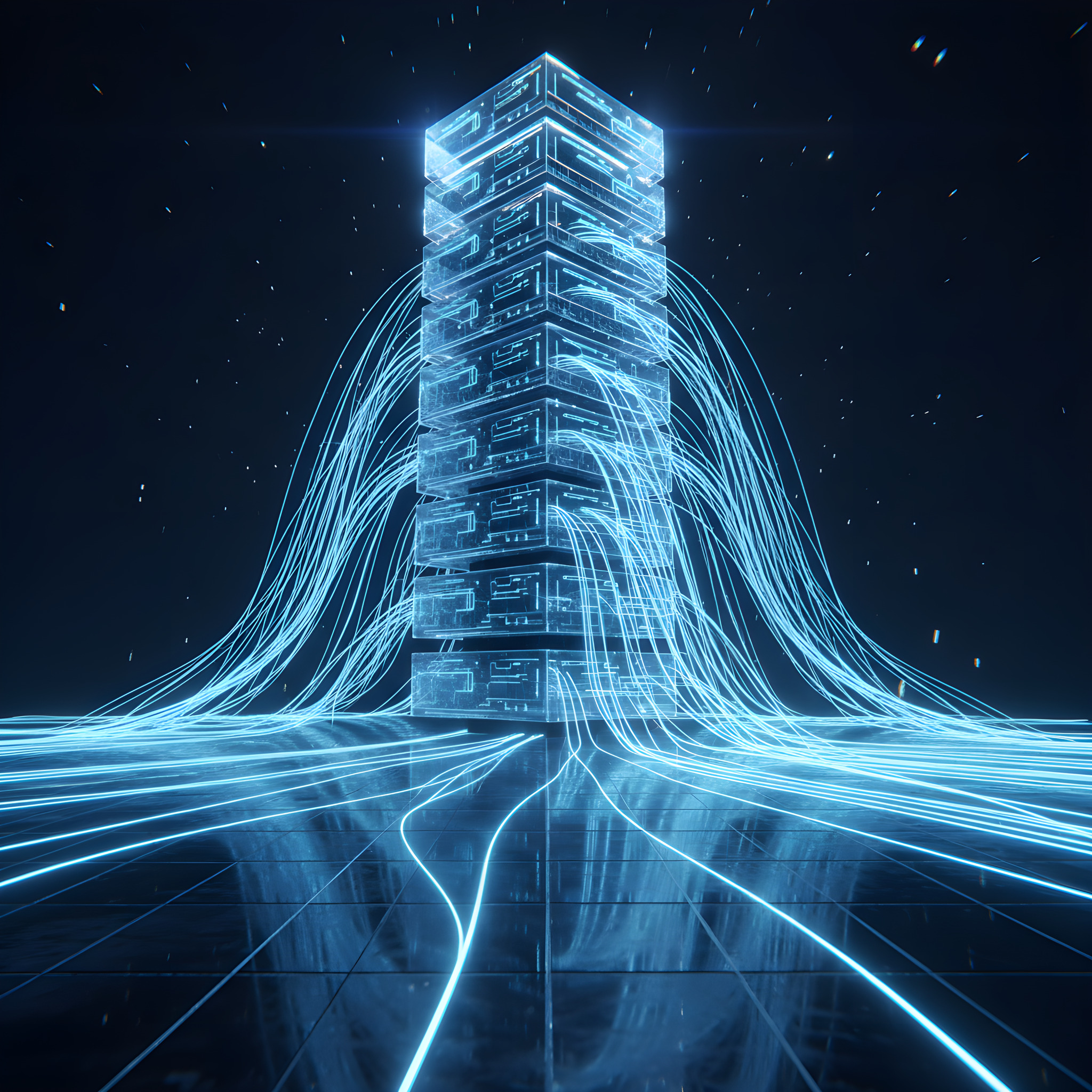 Glowing spine of glass server modules with fibre-optic light branching out