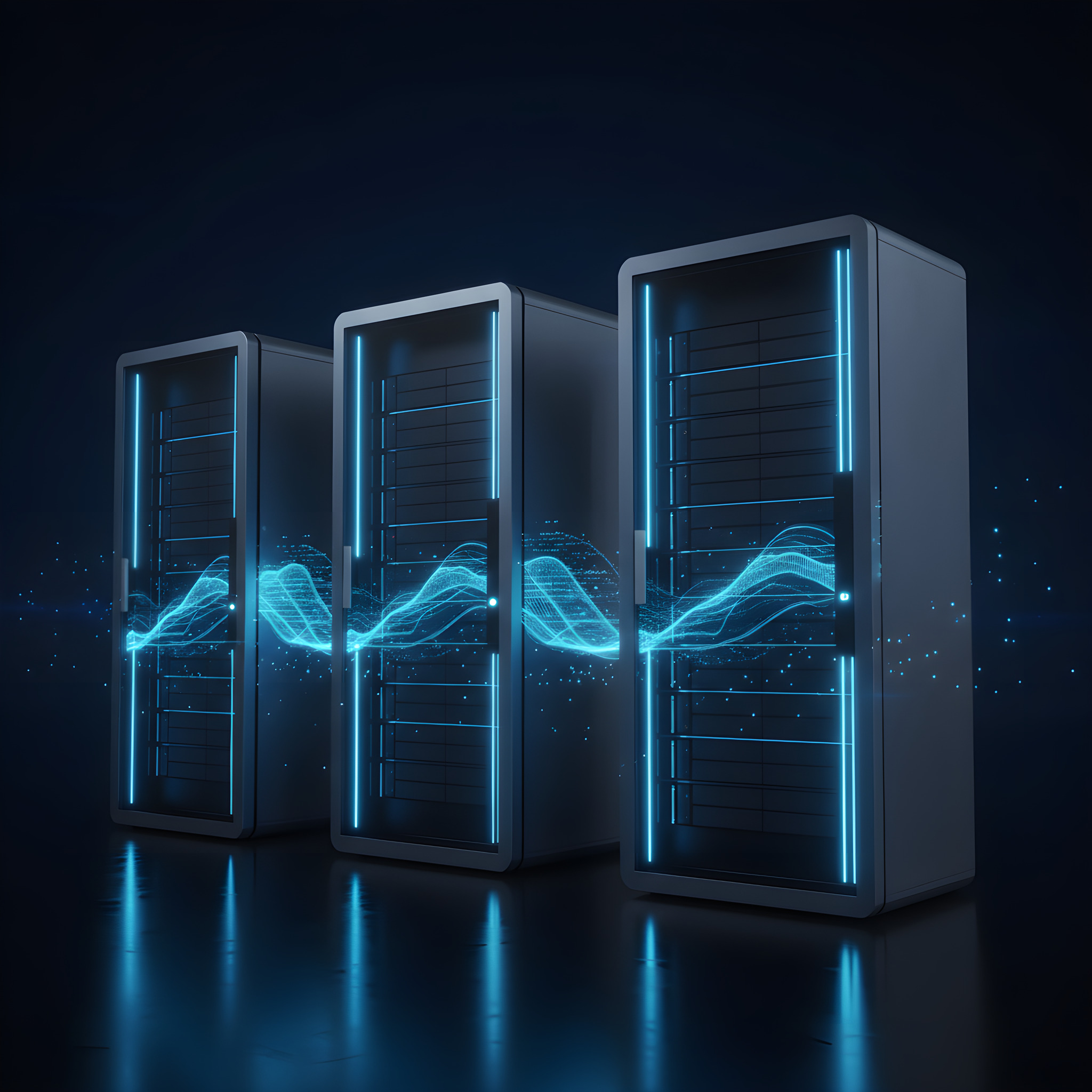 Futuristic glass server racks with glowing blue light and data streams