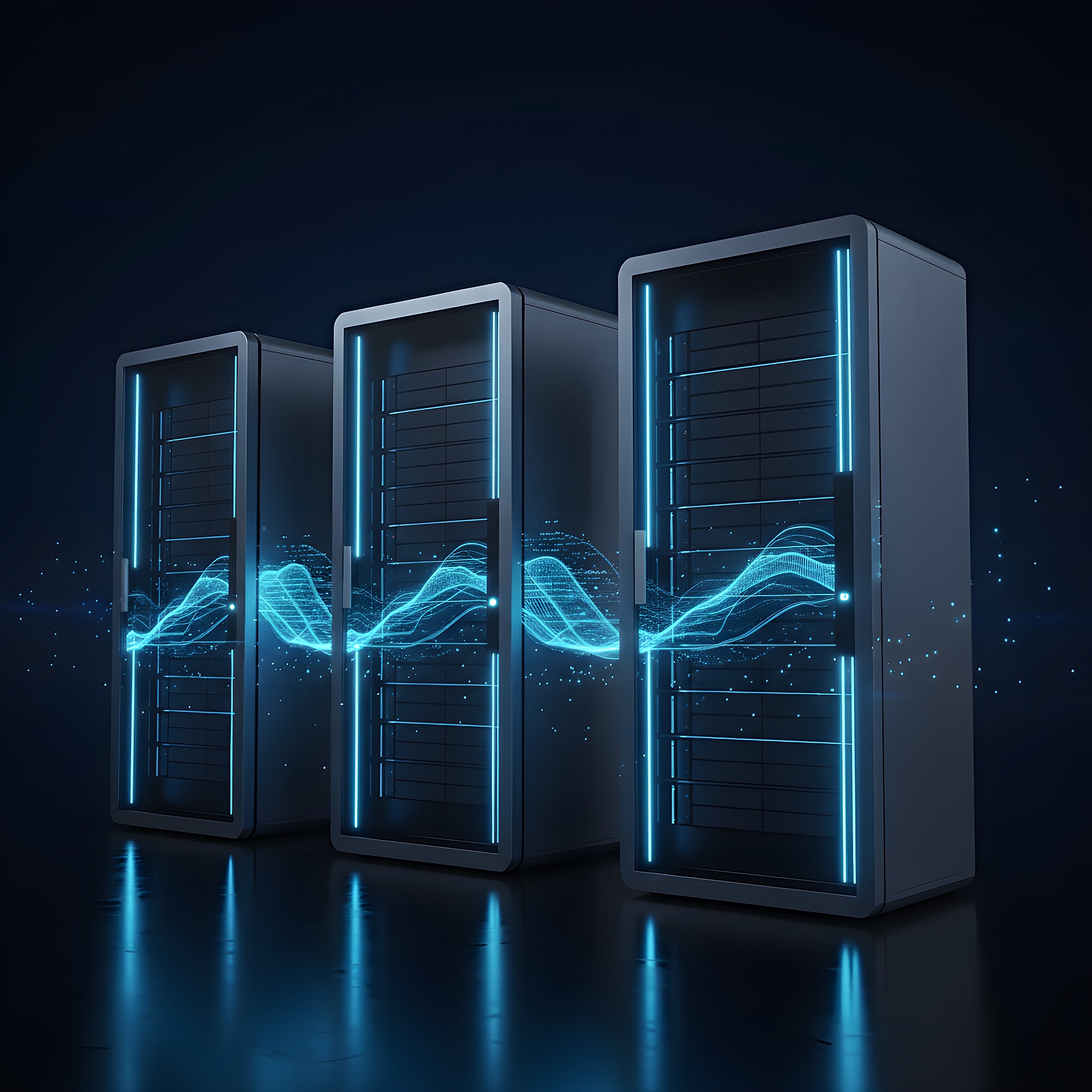 Futuristic glass server racks with glowing blue light and data streams