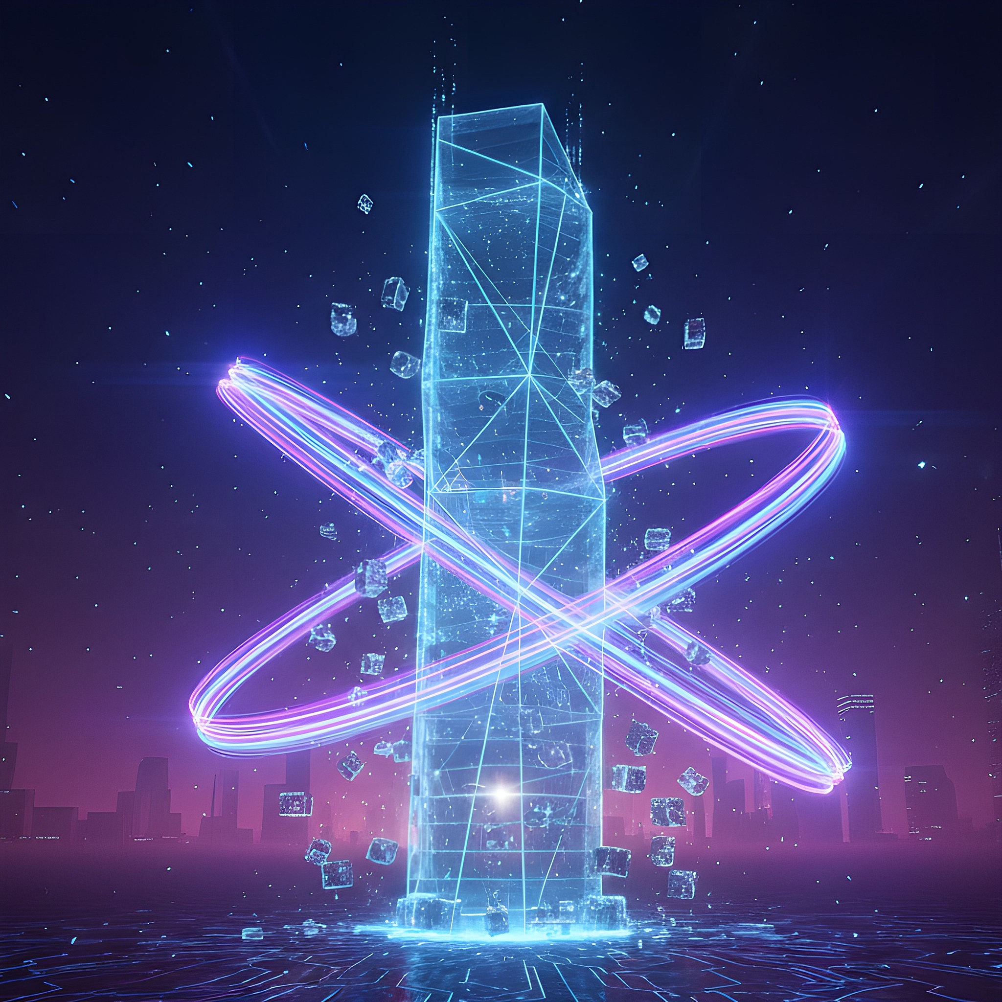Holographic business tower assembling from glowing glass blocks inside protective rings of light