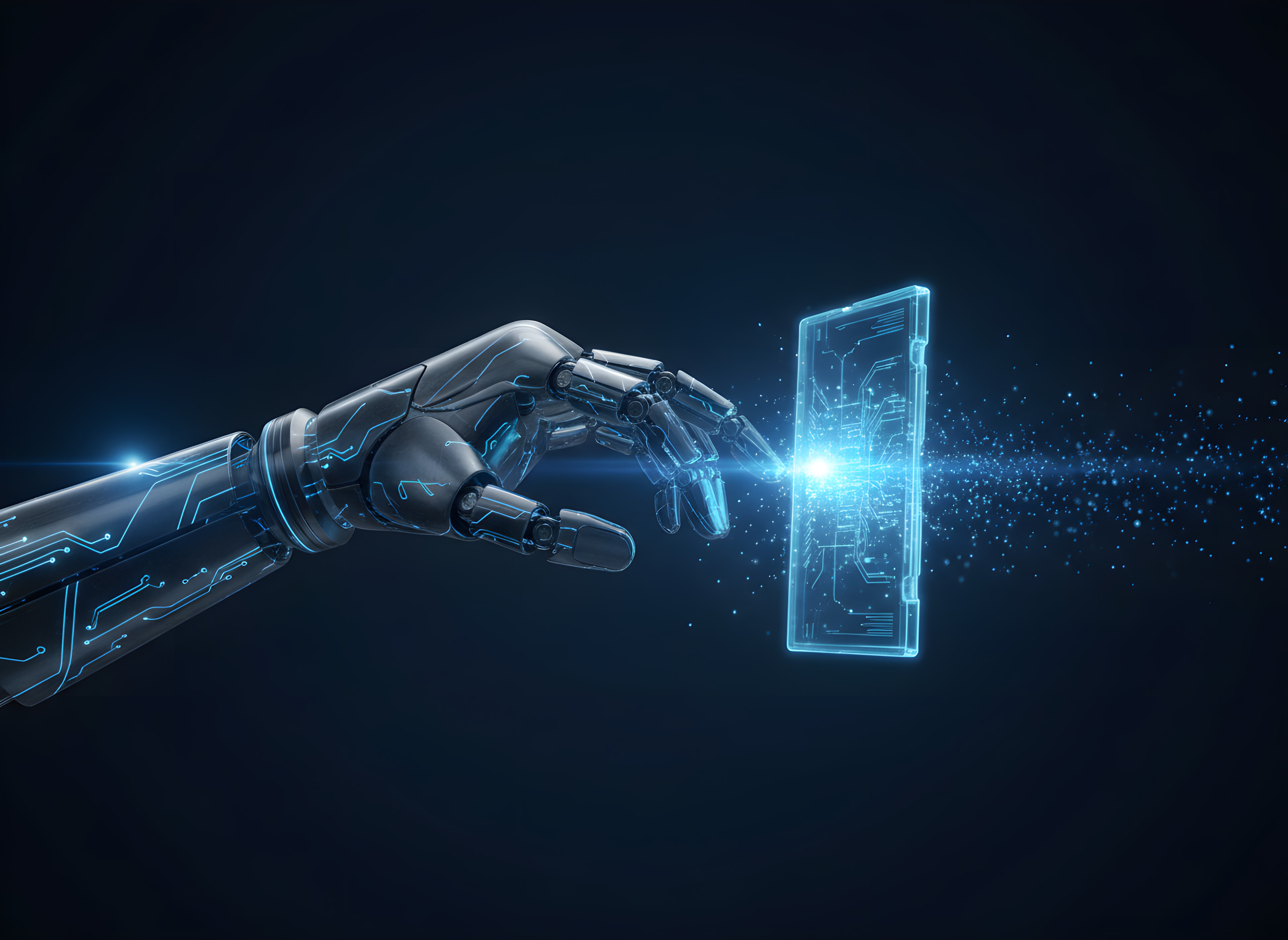 Glowing robotic arm servicing a translucent server blade