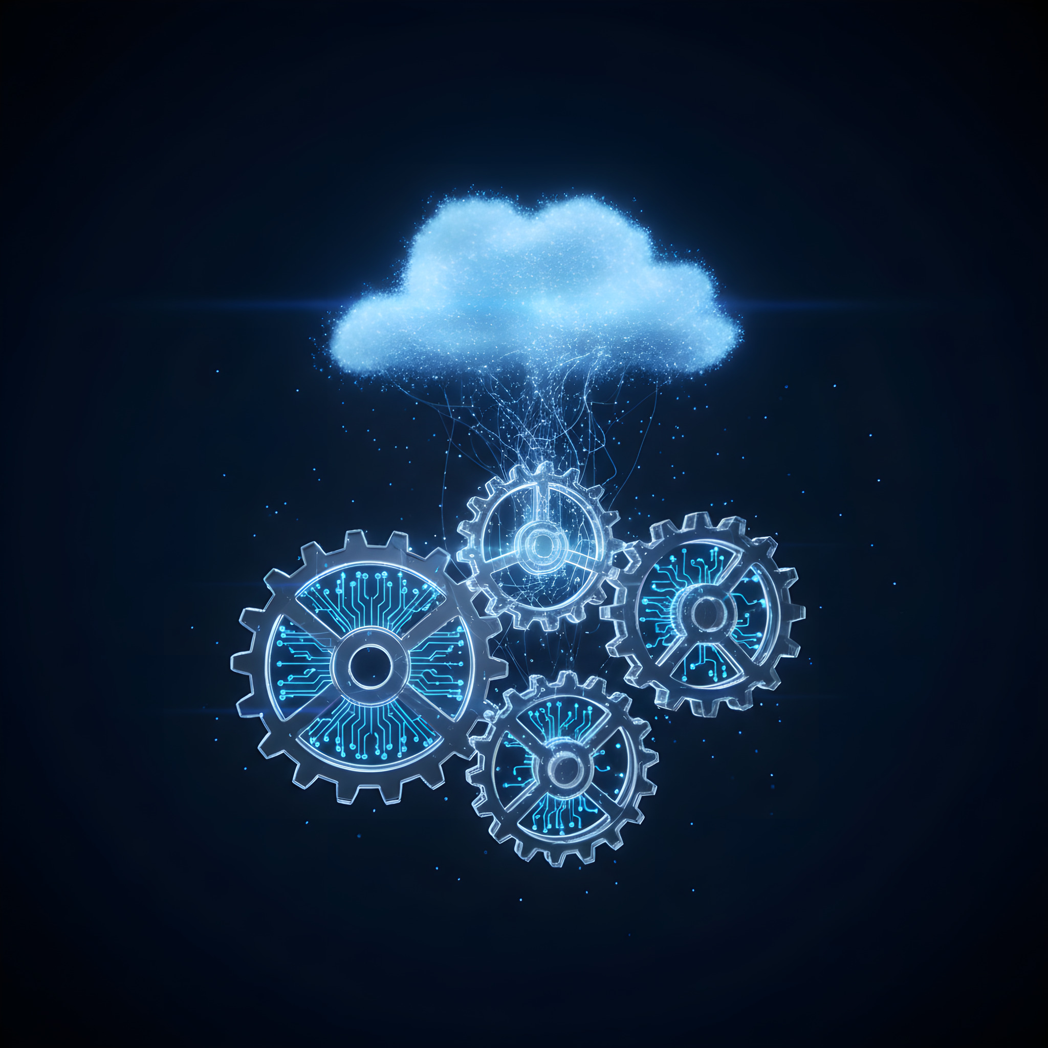 Interlocking glass gears with glowing circuits beneath a holographic cloud