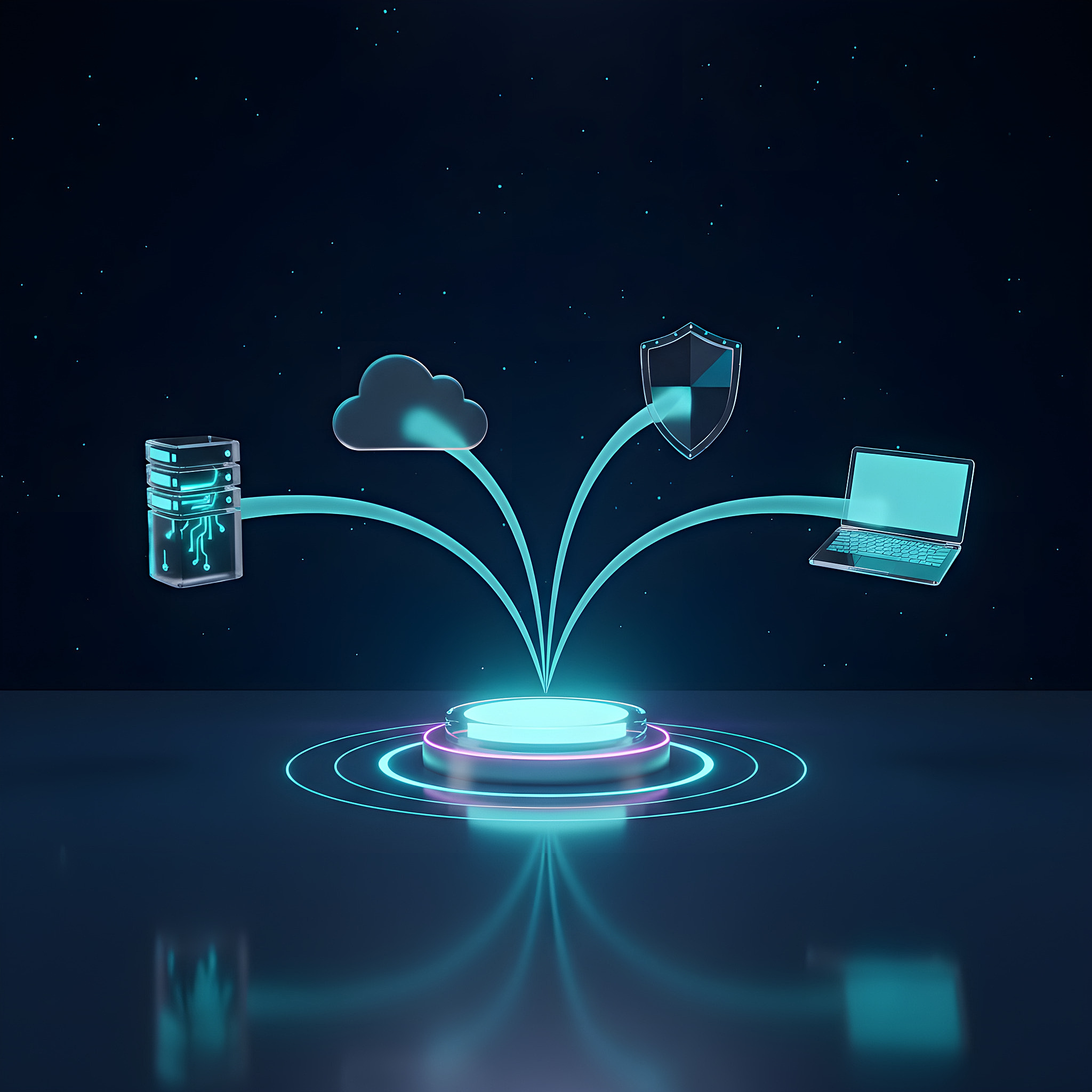 Glowing glass help button on a desk sending streams of light to a server, cloud, security shield and laptop