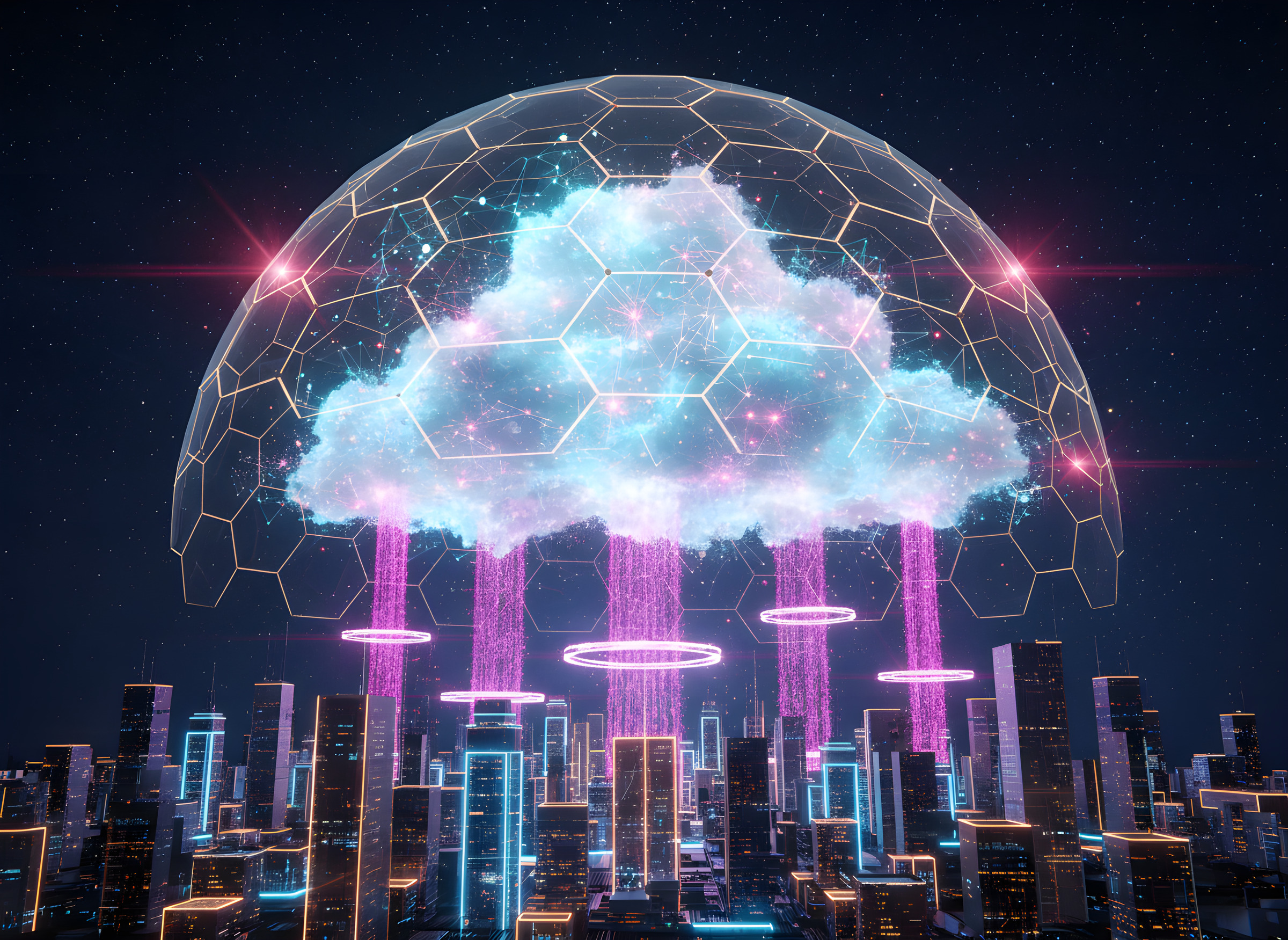 Glowing protected cloud above a neon server city with data rising through magenta gateways