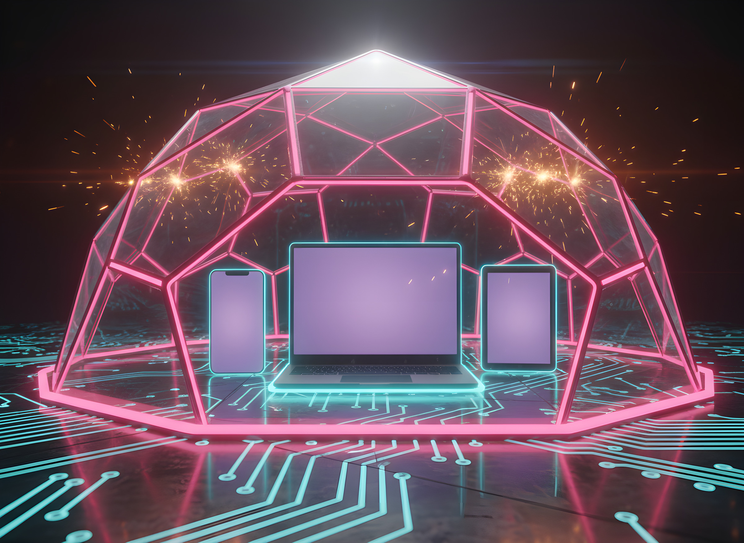Laptop, phone and tablet protected under a glowing hexagonal dome deflecting red threats
