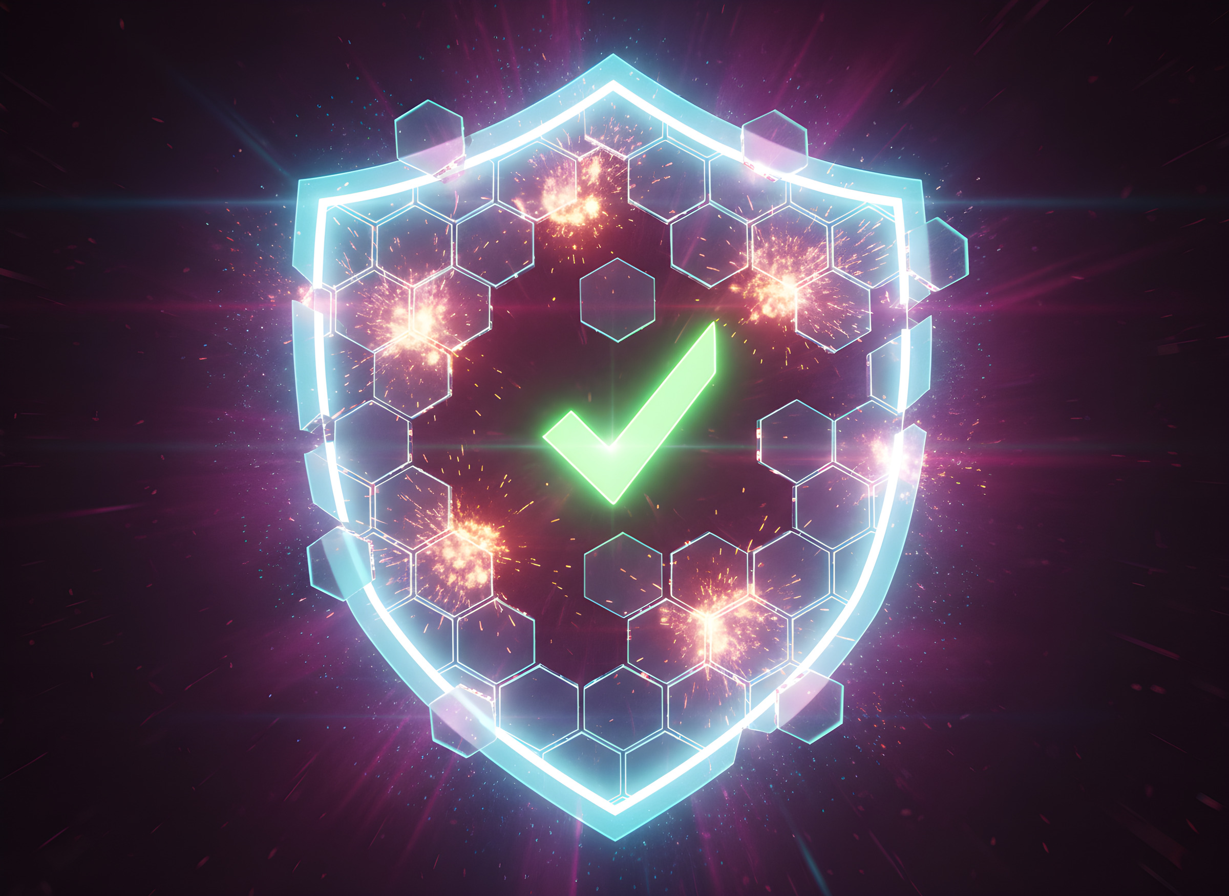 New glowing tiles completing a hexagonal shield with a green check mark