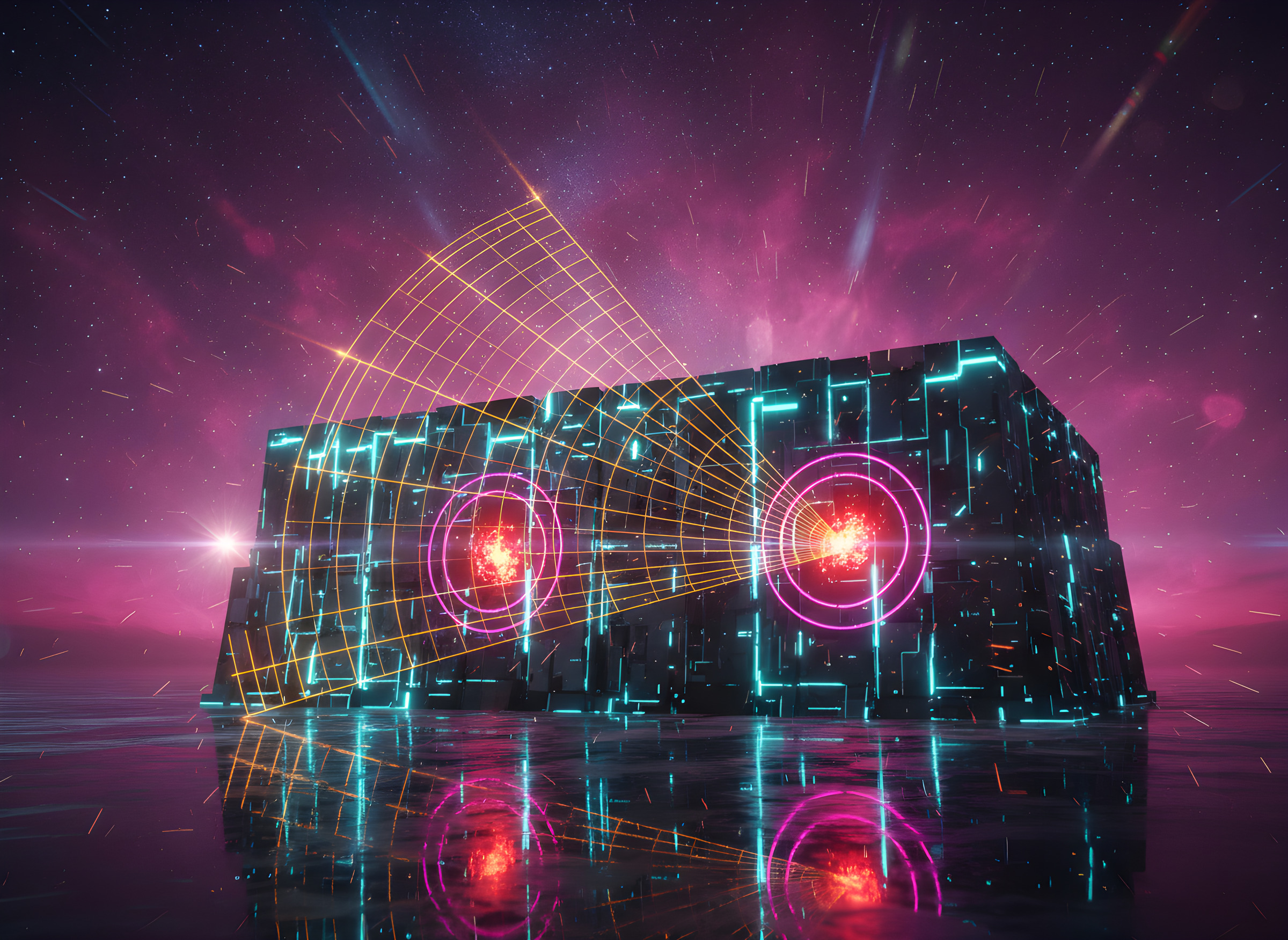 Laser scan of a digital fortress revealing red weak points marked by targeting rings
