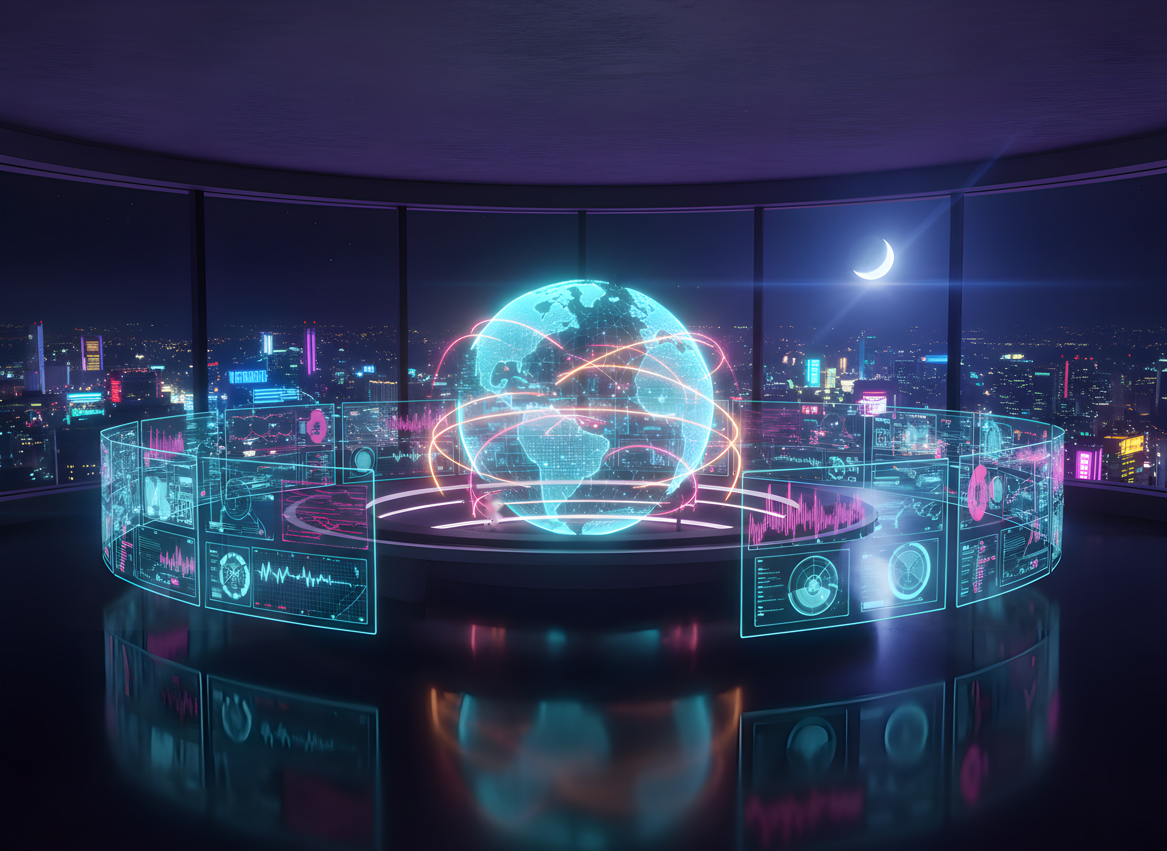 Empty security operations centre with a holographic threat globe at night