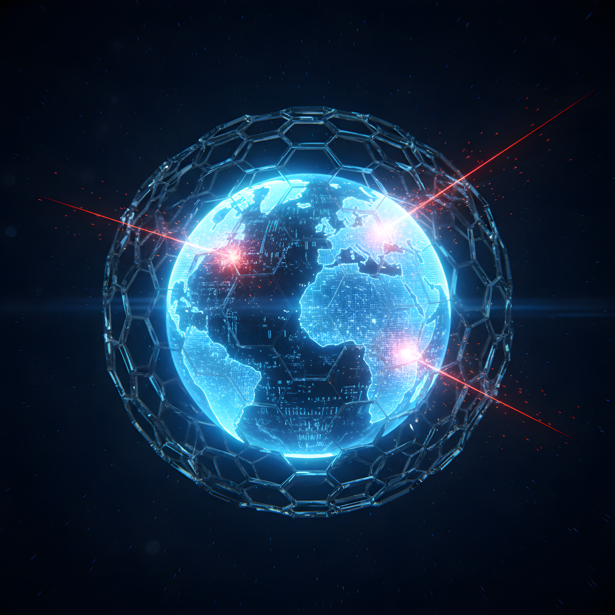 Glowing globe protected by a lattice of hexagonal glass panels deflecting red attacks