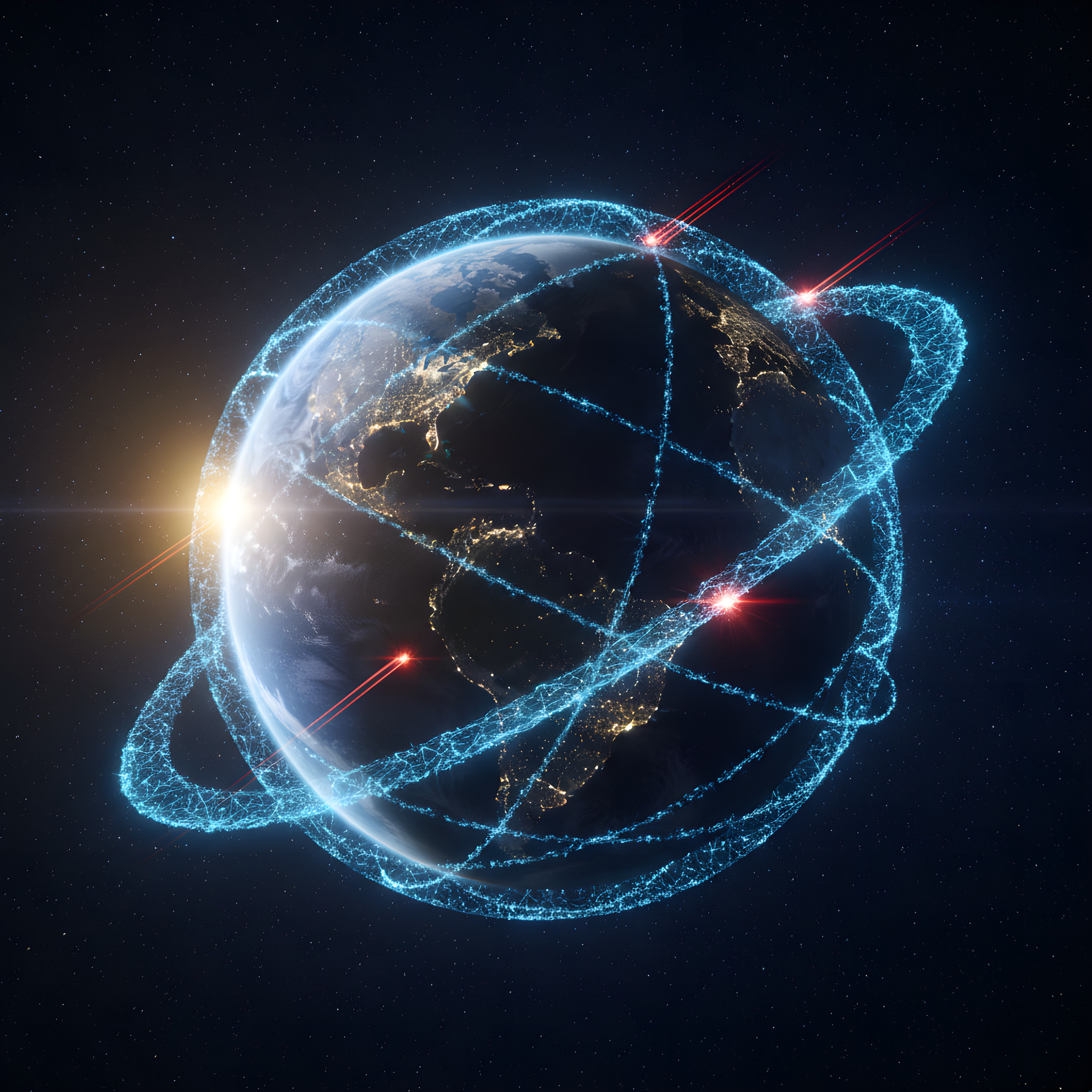 Earth at night wrapped in a glowing protective network intercepting red cyber attacks