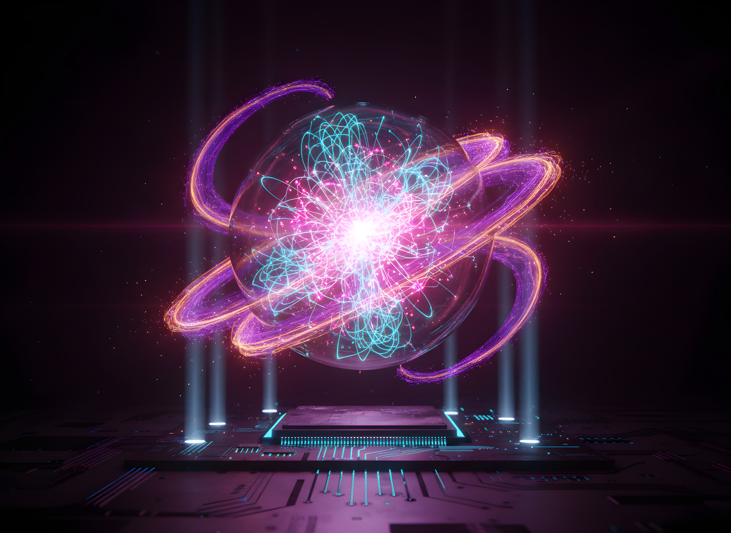 Glass sphere holding a glowing neural network surrounded by energy ribbons