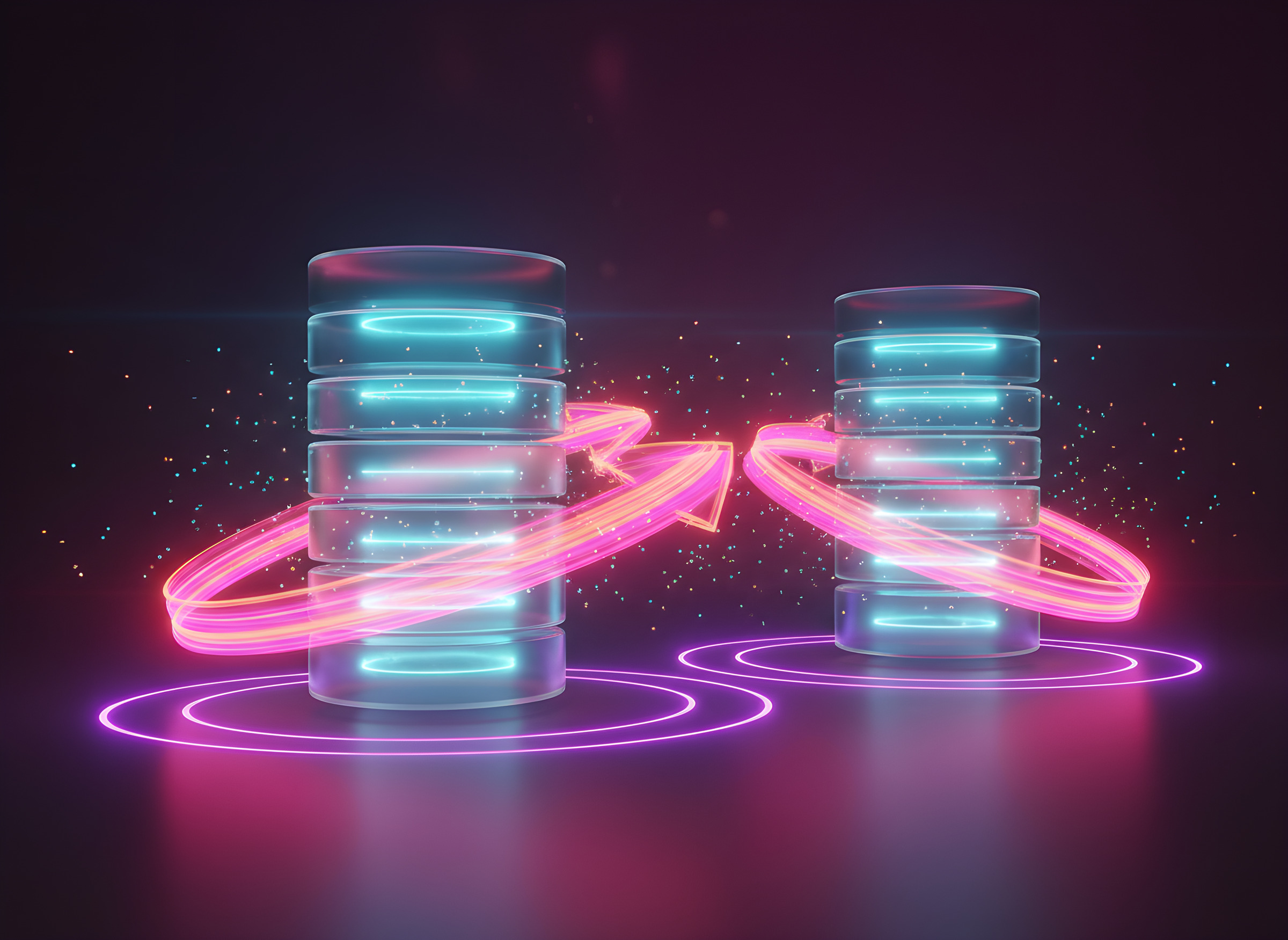 Glowing glass data drives wrapped in a looping arrow of light with a backup copy beside them