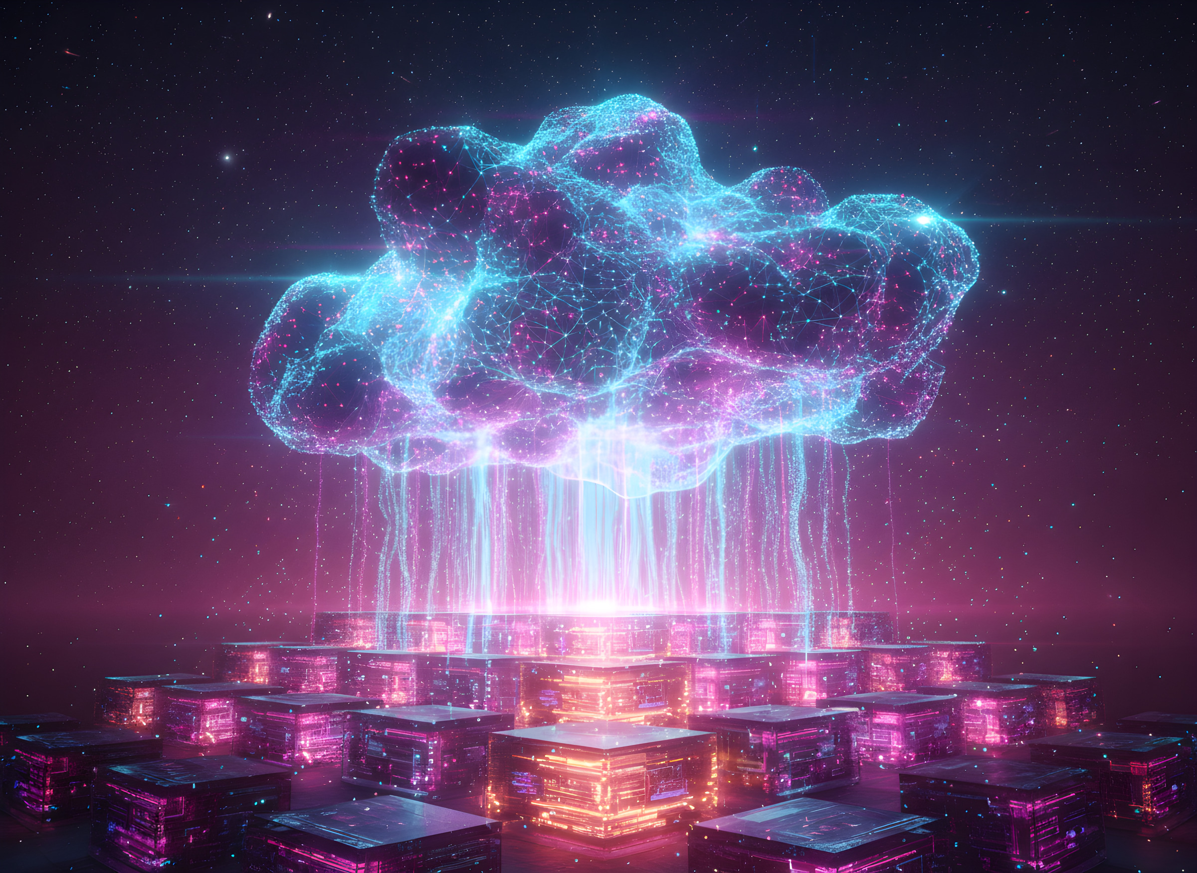 Glowing network cloud above stacked glowing virtual server blocks