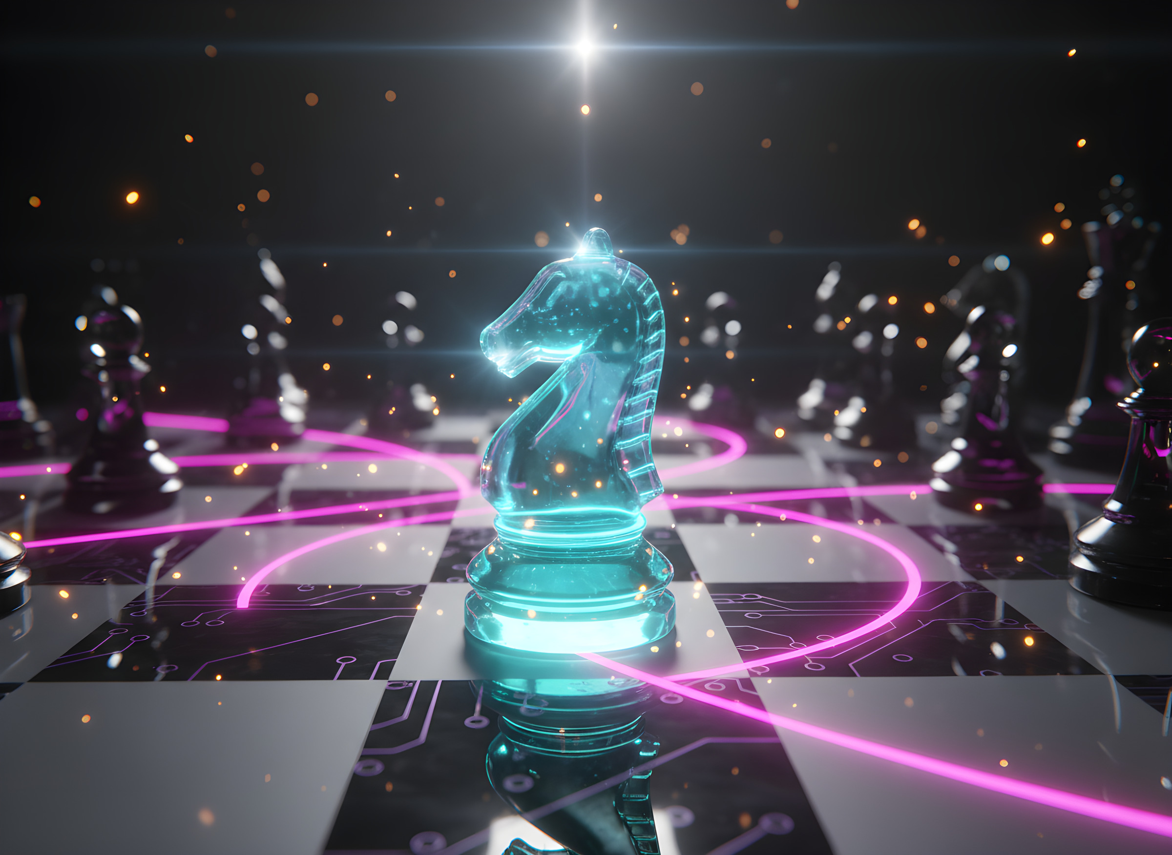 Glowing glass chess knight with holographic strategy paths on a chessboard