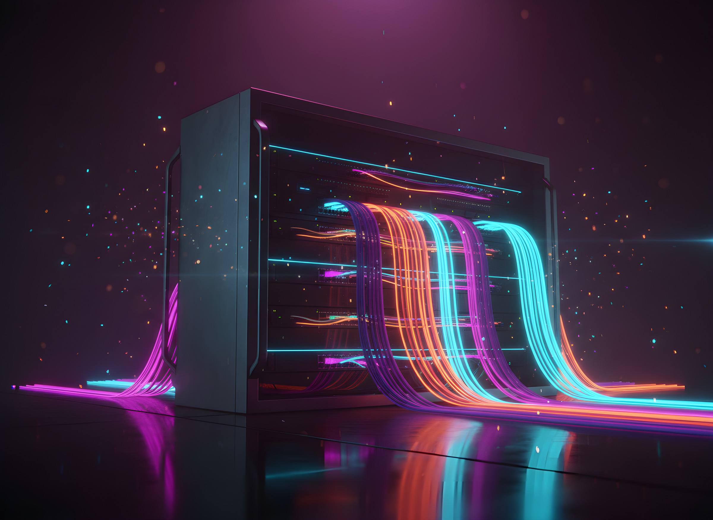 Glass network switch with glowing cyan and magenta fibre cables