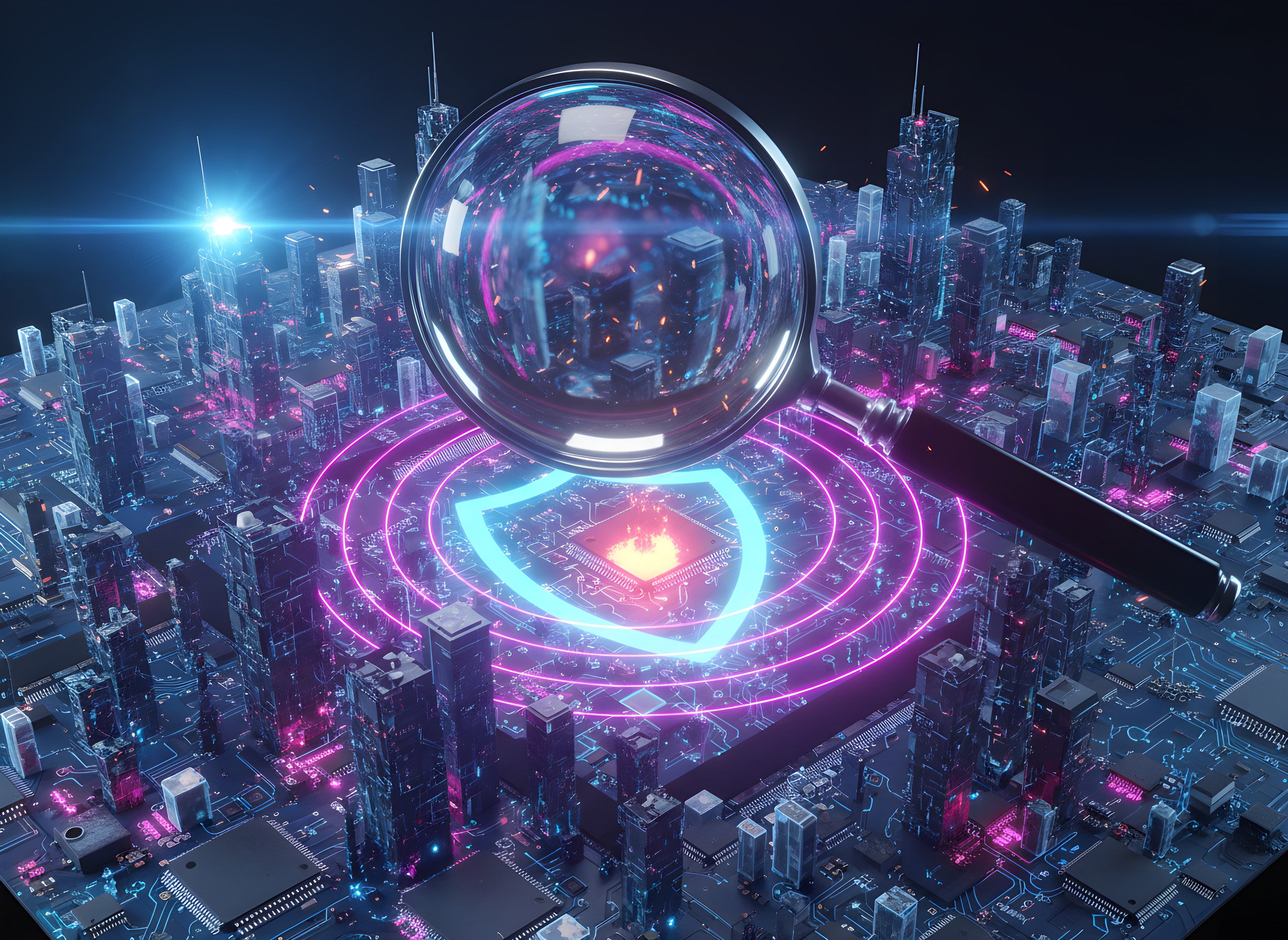 Glass lens scanning a glowing circuit board and revealing a weak point