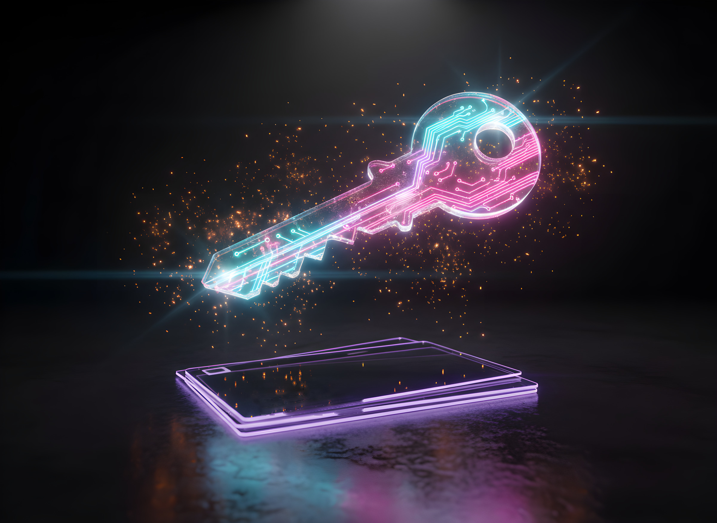 Glowing glass key floating above blank glowing licence cards