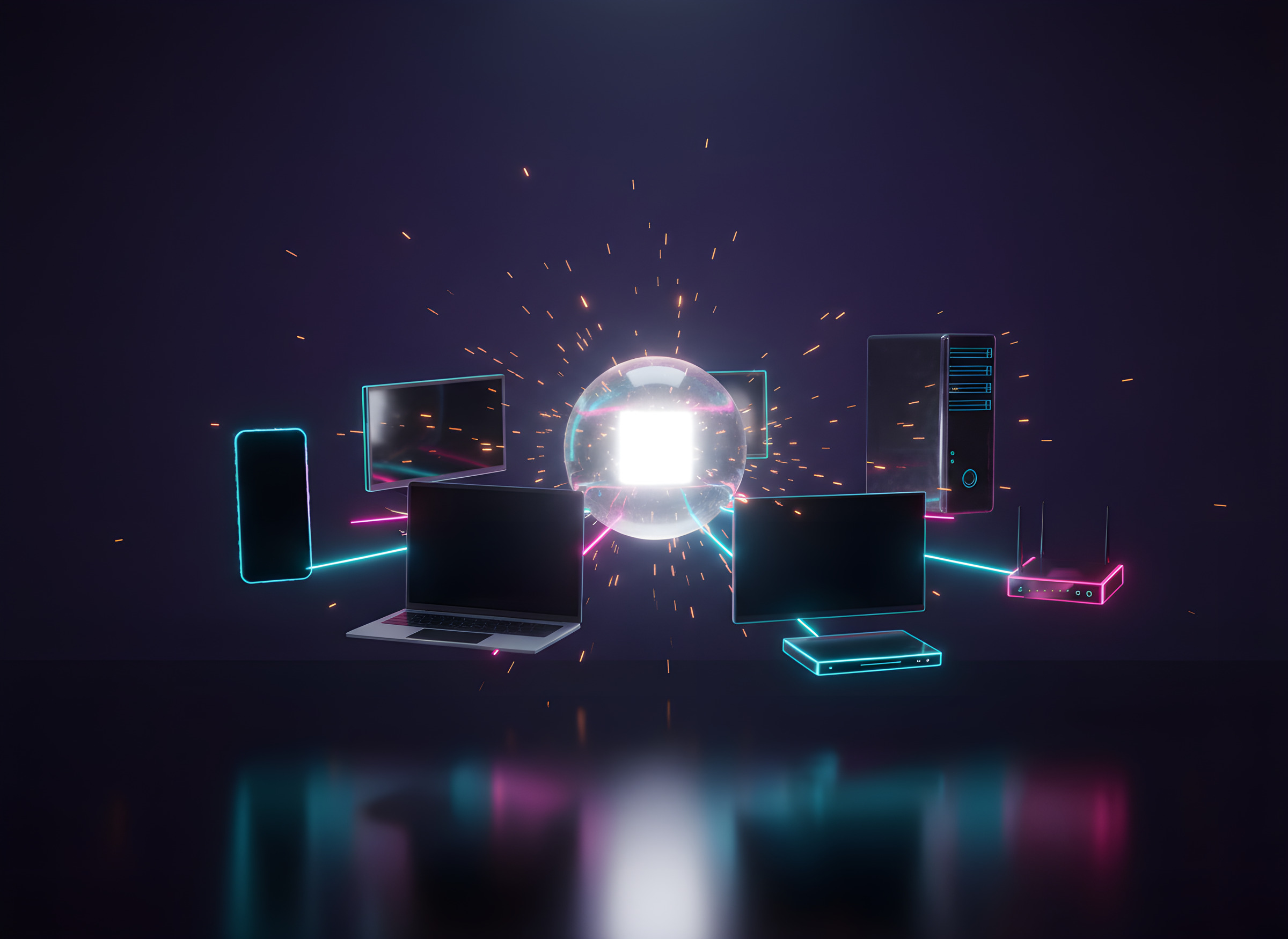 Glowing control hub connected by light beams to laptops, monitors, servers, a router and a phone