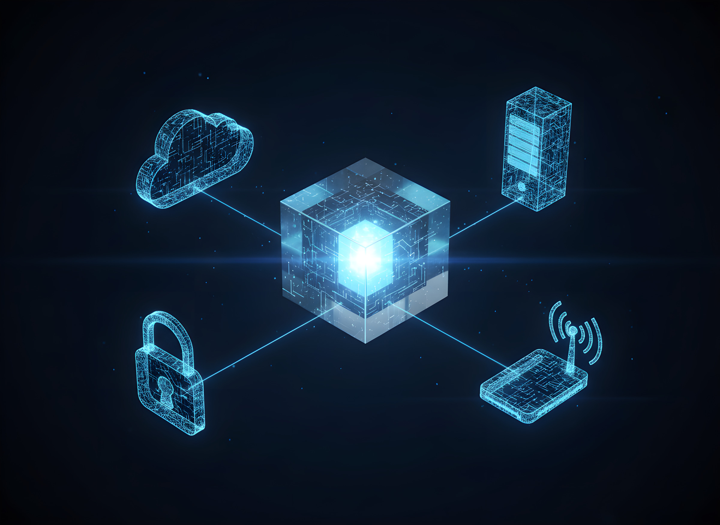Glowing glass hub cube connected to holographic cloud, server, padlock and router icons