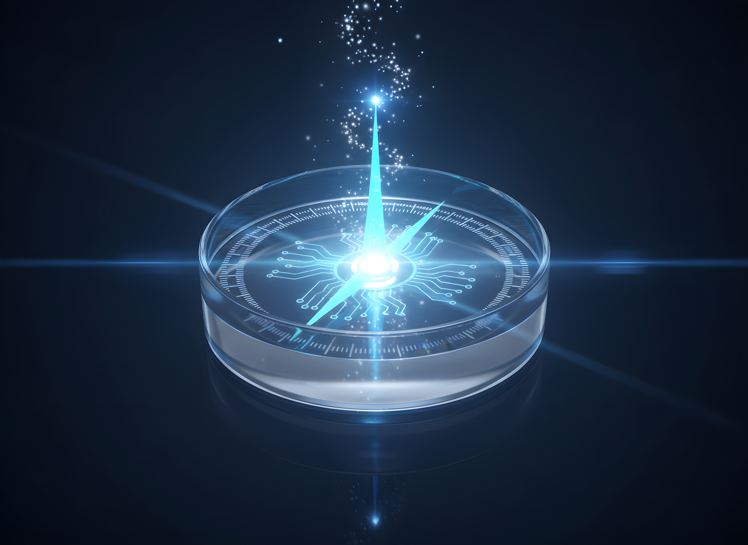 Glowing glass compass with a holographic blue needle